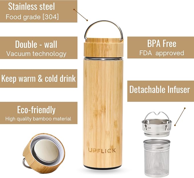 Bamboo Tea Tumbler Set of 2 Insulated Water Bottles 15oz & 17oz with Infuser Travel Set for Loose Leaves, Birthday Gift for Womens, Christmas Gift