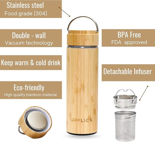 Bamboo Tea Tumbler Set of 2 Insulated Water Bottles 15oz & 17oz with Infuser Travel Set for Loose Leaves, Birthday Gift for Womens, Christmas Gift