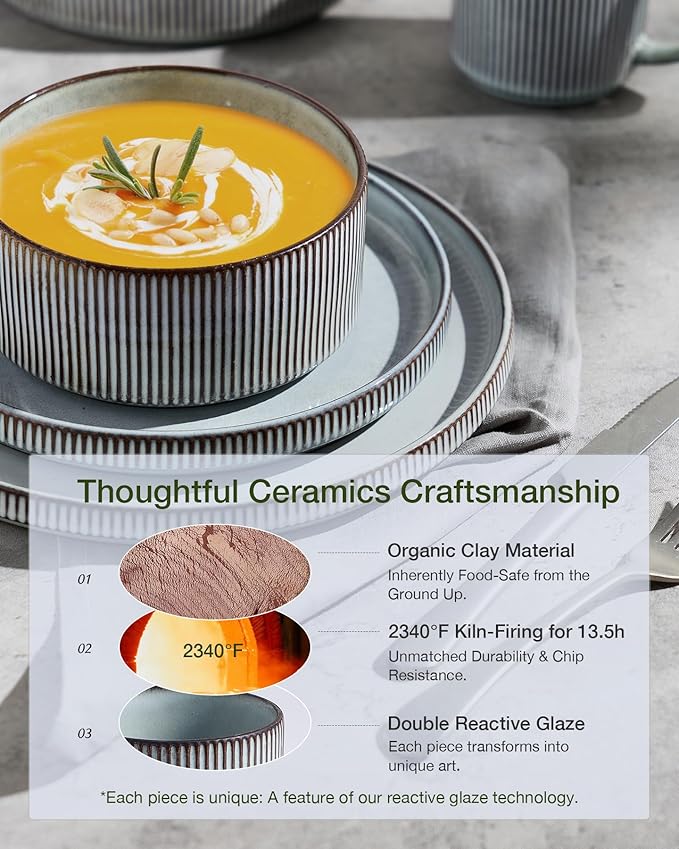Famiware Star 16-Piece Stoneware Dinnerware Set, Service for 4, Reactive Glaze Mugs, Plates and Bowls, Dishes with Trim, Modern Rustic, Chip/Scratch Resistant, Microwave/Dishwasher Safe, Smoky Blue