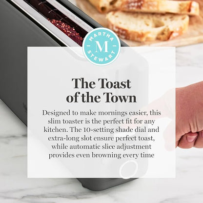 Martha Stewart 2 Slice Long Slot Toaster, Extra Wide for Sourdough & Bagels, 10 Setting Shade Control, Removable Crumb Tray, Self-Centering Design, Defrost/Reheat, Cancel, Slim Space-Saving, Caviar