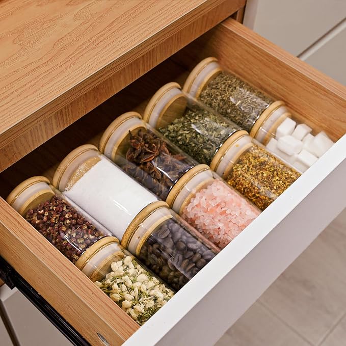 SHOWIN 8oz Glass Food Storage Jars, Glass Jars with Bamboo Lids, Kitchen Storage Jars, Set of 12, Canisters with Airtight Lids for Spice, Coffee, Cookie, Pantry Organizers