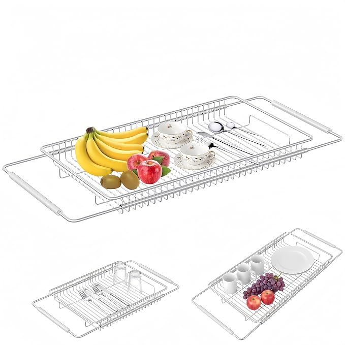 Expandable Over The Sink Dish Drainer Drying Rack, Stainless Steel Metal, Small Adjustable Dish Drainer Drying Rack for Kitchen Counter, Space Saving for Compact Kitchen