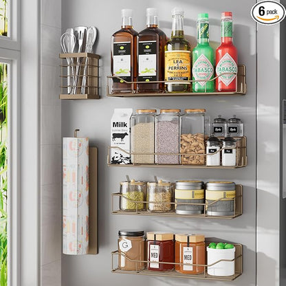 Magnetic Spice Rack for Refrigerator, 6 Pack Strong Magnet Spice Organizer with Paper Towel Holder, Utensil Holder, Moveable Magnetic Fridge Shelf for Kitchen Organization and Storage (Brown)