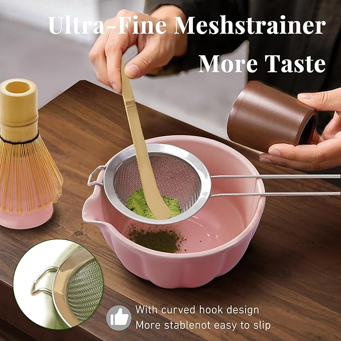 Renmxj Matcha Whisk Set,7 PCS Ceramic Matcha Kit Includes Matcha Bowl with Spout, Matcha Whisk and Holder, Bamboo Scoop, Stainless Sifter, Tea Towel, Unique Gift for Matcha Lovers (Pink)