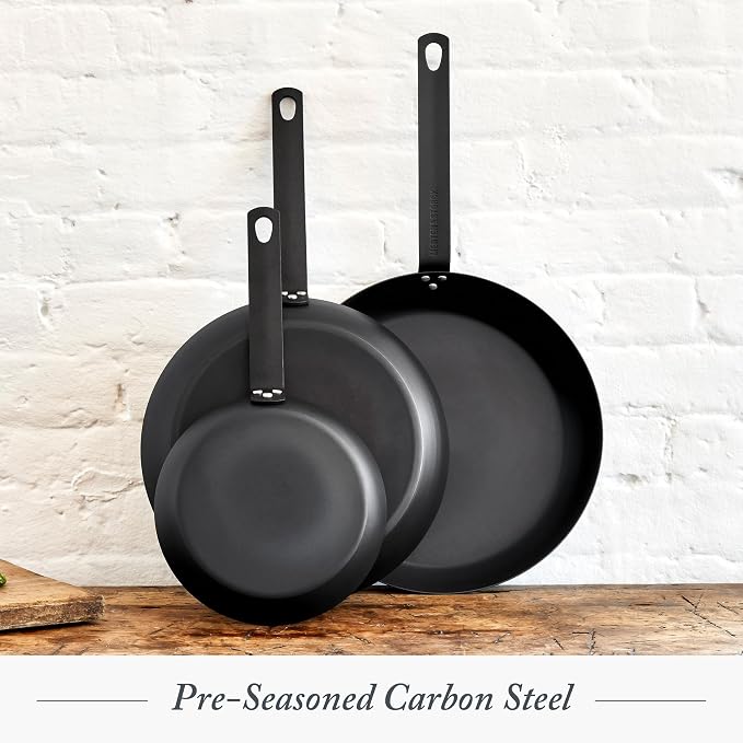 Merten & Storck Pre-Seasoned Carbon Steel 12” Frying Pan Skillet, Use on Induction, Stove and Grill, Durable, Even-Heating, for Searing, Grilling, Oven Use, and Campfire, Indoor/Outdoor