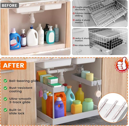 Expandable Under Sink Organizers and Storage,Width Adjustable (14.9-23.6IN),No Drill 2-Tier Pull Out Under Cabinet Organizer for Kitchen Bathroom Laundry White