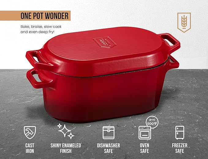 KooK Oval Loaf Shaped Cast Iron Dutch Oven for Bread Baking, 3.4 Qt Sourdough Dutch Oven with Lid, Enameled, Lid Lever, Dual Handles, Dishwasher Safe, 500°F, Cherry Ombre