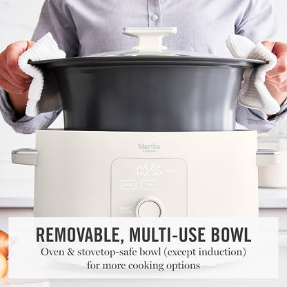 Martha Stewart 8 QT Slow Cooker, Programmable with Timer, 3 Heat Settings (Low, High, Warm), Nonstick Ceramic Removable Crock, Stovetop & Oven Safe, Glass Lid, Simmer, Reheat, Warm, Linen