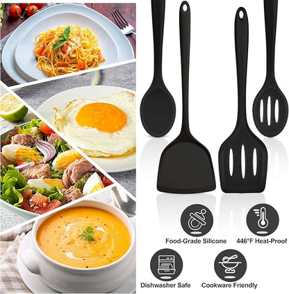 TeamFar Silicone Cooking Utensils, 4pcs Kitchen Utensils Set with Silicone Spatulas & Spoons, Heat-Resistant Solid & Slotted Cooking Spoons Turners for Non-stick Cookware, Dishwasher Safe, Black