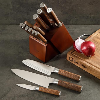 Babish High-Carbon 1.4116 German Steel 15 Piece Full Tang Forged Cutlery Kitchen Knife Block Set - Dark Pakka Wood Handle