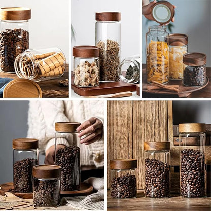 26 oz/850 ml Clear Glass Storage Canister with Airtight Wooden Lid, Small Overnight Oats Containers, Cute Decorative Salad Jar for Snacks Yogurt Spice Sugar Cereal Fruit Coffee Tea -4 Pack