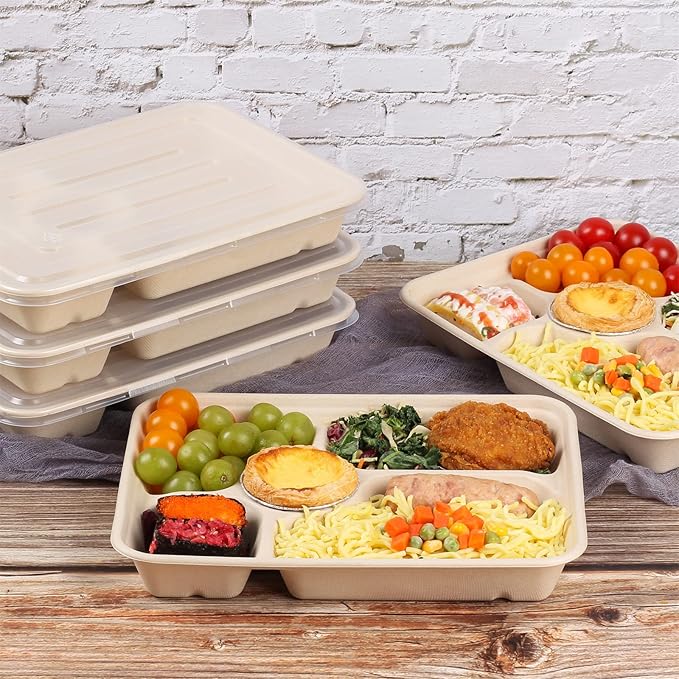 40 oz 5 Compartments disposable Sugarcane Fiber plates with Lids Bagasse Plant Fibers Freezer Safe 25 Pack