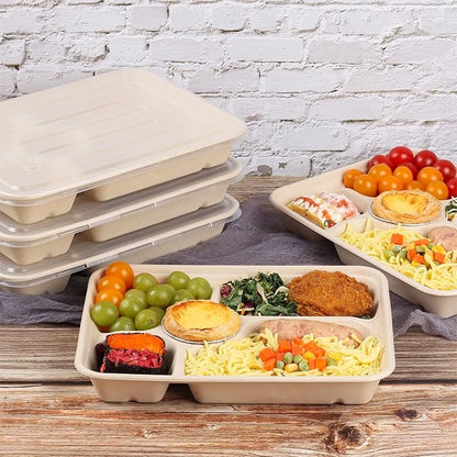 40 oz 5 Compartments disposable Sugarcane Fiber plates with Lids Bagasse Plant Fibers Freezer Safe 25 Pack