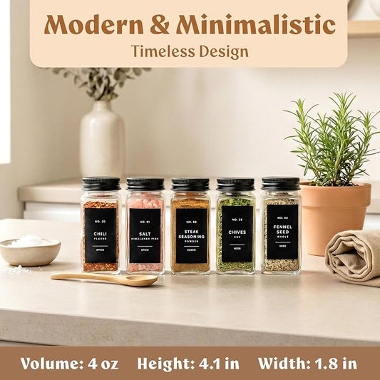 EDELHAUS Glass Spice Jars with Label and Black Aluminium Lids (24 x 4oz) Spice Containers with 240 Labels, Shaker Inserts, Steel Funnel, Empty Square Seasoning Organizer (Black Aluminium Lid)