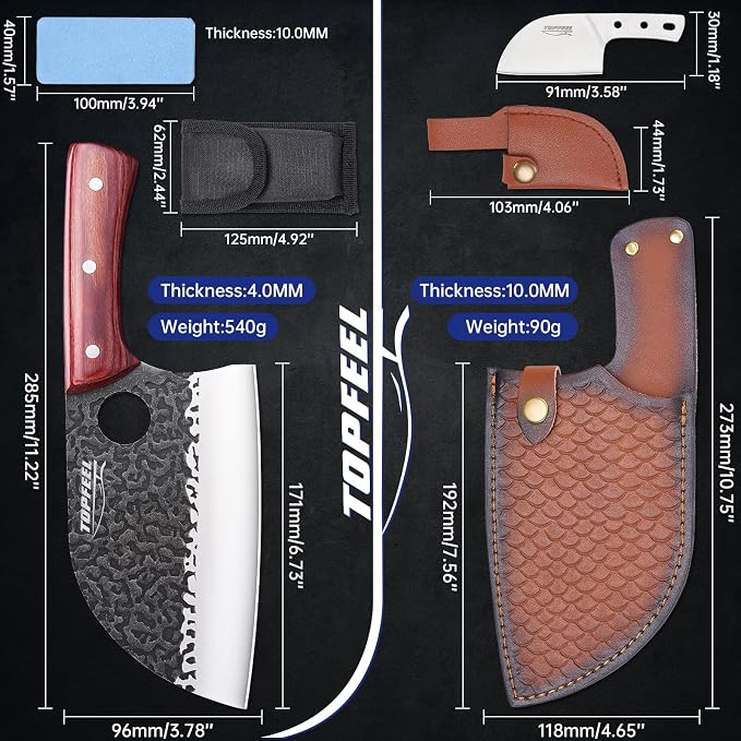 6.8Inch Serbian Chef Knife- Meat Cleaver, Butcher Knife set with Leather Sheath and Whetstone, Kitchen Knives for Home, Camping, BBQ