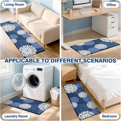 Kitchen Mats, 2PCS Non-Slip Cushioned Rugs, Anti-Fatigue Waterproof Floor Rug, Washable Standing Desk Mat, Home Laundry Office Apartment Decor and Accessories (17.3" ×59" +17.3" ×30"-Blue)