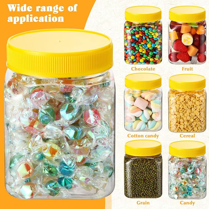 Nosiny 12 Pcs 24 oz Clear Plastic Jars with Lids Square Plastic Container Large Candy Jars with Screw on Lids Refillable Kitchen Storage Containers for Dry Food, Coffee (Yellow)