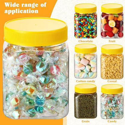 Nosiny 12 Pcs 24 oz Clear Plastic Jars with Lids Square Plastic Container Large Candy Jars with Screw on Lids Refillable Kitchen Storage Containers for Dry Food, Coffee (Yellow)