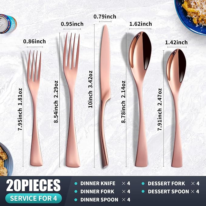 20 Pieces Rose gold Silverware Set Service for 4,Modern 18/10 Stainless Steel Flatware Cutlery Set,Utensil Set for Home Restaurant Hotel,Mirror Polished,Dishwasher Safe