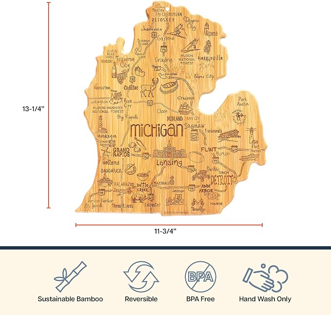 Totally Bamboo Destination Michigan Mitten Shaped Cutting Board, Bamboo Charcuterie and Cheese Serving Board for Kitchen with Hang Tie for Wall Display, 11.75 x 13.25 Inches