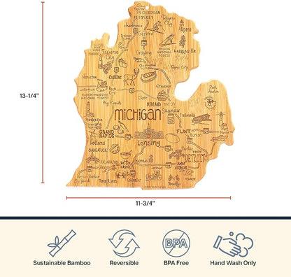 Totally Bamboo Destination Michigan Mitten Shaped Cutting Board, Bamboo Charcuterie and Cheese Serving Board for Kitchen with Hang Tie for Wall Display, 11.75 x 13.25 Inches