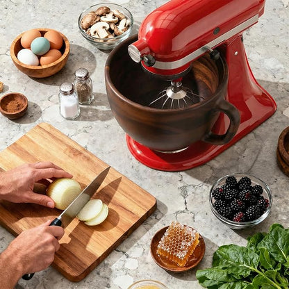 Cofun Premium Wood Mixing Bowl, Compatible with 4.5-5 Qt Tilt-Head Stand Mixers, Natural True Wooden Bowls, 5 Qt Wooden Bowl for KitchenAid with Stainless Steel Locking Base, Handle