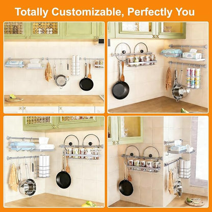 Kitchen Utensil Hanger & Spice Rack with Towel Rack Holder, 3 Sets Space-Saving Kitchen Wall Mount Shelf Storage Organizer with Hooks for Pantry, Countertop, Bathroom