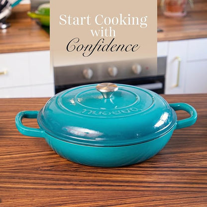 nuovva Shallow Cast Iron Casserole with Lid – Non Stick Dutch Oven Pot, Oven Safe up to 500° F – Sturdy Ovenproof Stockpot Cookware – Enamelled Cooking Pot – Teal, 3.7-Quart, 30cm – by Nuovva