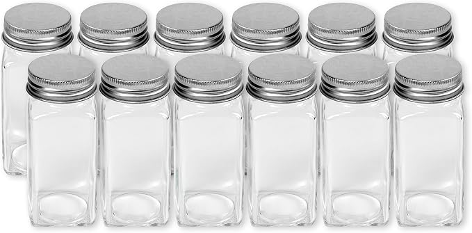 Simple Houseware Spice Jars 4 Ounce Square Glass Bottles with Shaker Lids, Funnel and Labels for Seasoning & Storage, 12 Pack