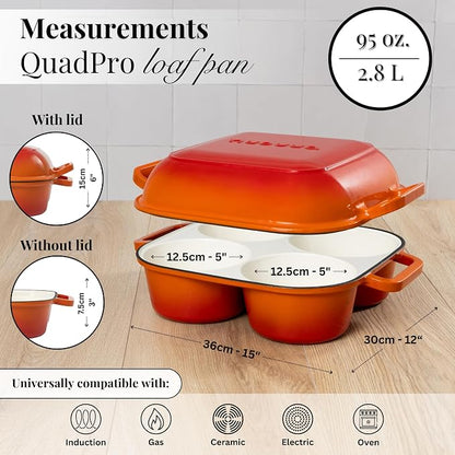 QuadPro Enamelled Cast Iron Bread Loaf Pot – Dutch Oven for Sourdough Bread Baking – 500°F Oven Safe Non Stick Bread Pot – 4 Round Loaf Spaces (4.90-inch Diameter), Orange – by Nuovva
