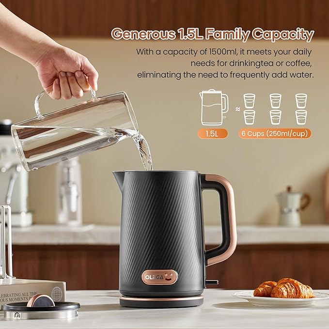 OLEGA Electric Kettle: 1200W Fast Boil Electric Water Kettles, 1.5L Double Wall Stainless Steel Tea Kettle, Auto Shut-Off, BPA-Free Hot Water Boiler Teapot for Coffee & Tea -Black