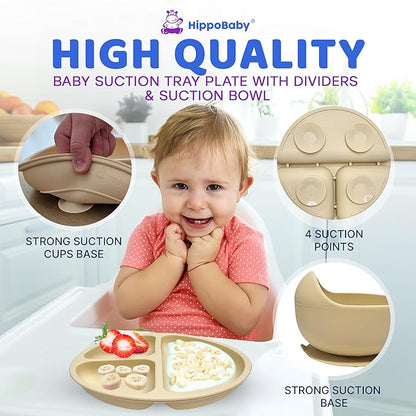 HippoBaby Baby Led Weaning Supplies | 10 Piece Silicone Baby Feeding Set | Baby Toddler Bib Cup Divided Plate and Bowl Self Feeding Spoons Dish Set | Baby Utensils | Toddler Feeding Supplies (Cream)
