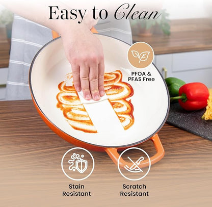 Shallow Cast Iron Casserole with Lid – Non Stick Dutch Oven Pot, Oven Safe up to 500° F – Sturdy Ovenproof Stockpot Cookware – Enamelled Cooking Pot – Orange, 5-Quart, 32cm – by Nuovva