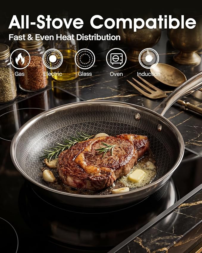 USELUCK Nonstick Frying Pans with Lid,10-Inch Non Stick Skillet with Honeycomb Surface,Dishwasher-Friendly,Oven-Safe,Induction Compatible,PFAS-Free,Non-Toxic,Compatible with All Cooktops.