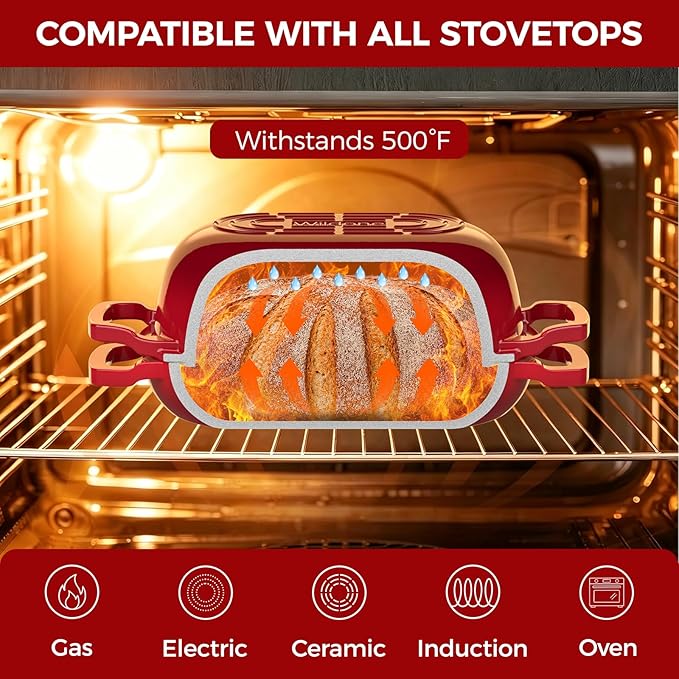 Enameled Cast Iron Bread Oven, Wildone 5.5QT Cast Iron Dutch Oven for Homemade Sourdough Bread Baking, Bread Pan with Lid & Cotton Potholders, Red