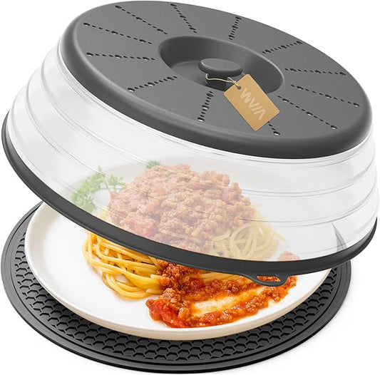 WVM Microwave Splatter Cover & Mat, Vented Collapsible Splatter Guard dish Plate lid & Silicone Round Kitchen Mat for Food, Meal Prep, Dark Grey