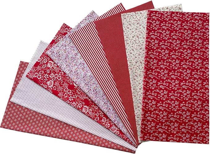 8Pcs Cotton Fabric Squares 20x20 Inch, Sewing Crafts Fabric Bundles Floral Patterns Printed Tissue Patchwork Fabrics Square for Quilting, Home Décor, Scrapbooking, Handwork (Red)