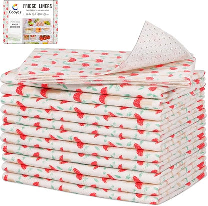 Cooyes 12 Pack Cloth Shelf Liners for Kitchen Cabinets, 12" × 24", Non-Slip Refrigerator Liners Machine Washable, Crisper Drawer Mats for Glass Shelves and Freezers, (Red Mushroom)