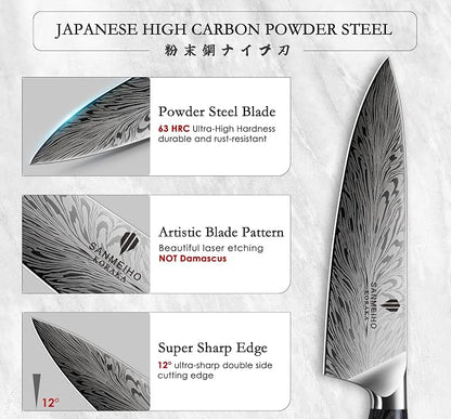 5PCS Knife Set, Kitchen Knife Sets in Powder Steel, Ultra Sharp Japanese Knives Set High Carbon Steel Chef Knives Sets, Cooking Knives Set with Ergonomic Pakkawood Handle