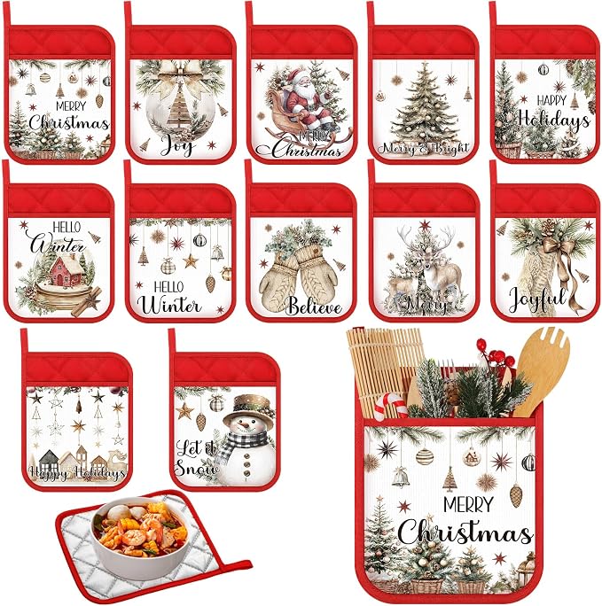 Roshtia 12 Pcs Christmas Pot Holders with Pocket Neutral Xmas Farmhouse Pot Holders for Kitchen Winter Hot Pads Oven Mitts Cookie Bag Cute Heat Resistant Oven Gloves for Kitchen Gift Baking Cooking