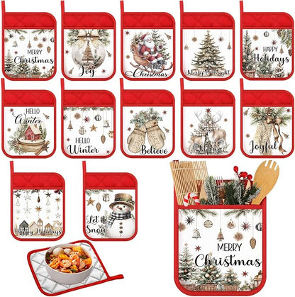 Roshtia 12 Pcs Christmas Pot Holders with Pocket Neutral Xmas Farmhouse Pot Holders for Kitchen Winter Hot Pads Oven Mitts Cookie Bag Cute Heat Resistant Oven Gloves for Kitchen Gift Baking Cooking