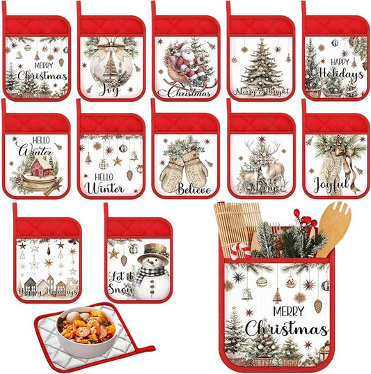 Roshtia 12 Pcs Christmas Pot Holders with Pocket Neutral Xmas Farmhouse Pot Holders for Kitchen Winter Hot Pads Oven Mitts Cookie Bag Cute Heat Resistant Oven Gloves for Kitchen Gift Baking Cooking