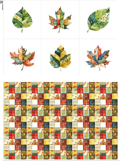 Autumn Leaf Patchwork Cotton Fabric Panel – 6 Designs (10×10 inch Each) + Bonus Sheet 29.5×19.6 inch, 100% Cotton 140 GSM, Made in Türkiye