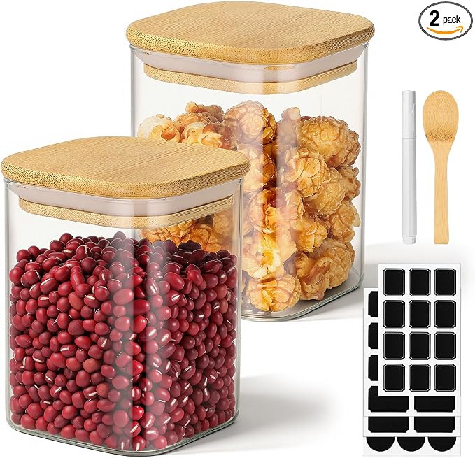 Glass Jar with Lid, 15 Fl.oz Square Glass Jars with Bamboo Lids Set of 2, Airtight Food Storage Containers for Sugar, Tea, Coffee, Candy, Cookies, Spice - Included Labels, Marker and Spoon