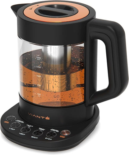 Viante Alba Electric Tea Kettle with Infuser, No Plastic In Contact With Water, 1.5L Borosilicate Glass, 304 Stainless Steel, 4 Temperature Presets, Keep Warm, Cordless, Auto Shut-Off, Black