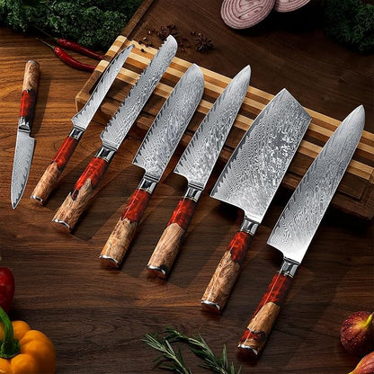 SENKEN 7-Piece Damascus Kitchen Knife Set - Tsunami Collection - 67-Layer Japanese VG10 Steel - Chef's Knife, Cleaver, Santoku, Bread, Boning, & More (Red Resin Blend)