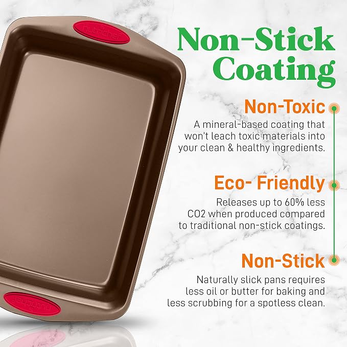 NutriChef 2-Piece Nonstick Baking Pan Set – Carbon Steel Cookie Sheet w/Red Silicone Grip Handles – Durable, Heavy-Duty Bakeware for Even Heat Distribution – Oven Safe, Easy Cleanup – Golden