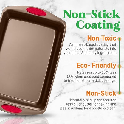 NutriChef 2-Piece Baking Pan Set - Premium Non-Stick Coating Carbon Steel Bakeware w/ Silicone Handles - PFOA, PFOS, PTFE Free Kitchen Oven Bake Tray, Cookie Sheets - Bronze, 17.3"x11.4"x1.2"