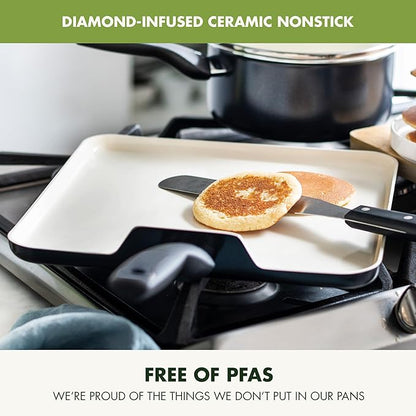 GreenPan Rio 11" Square Griddle Pan, Ceramic Nonstick Cookware, PFOA and PFAS-Free, Stay-Cool Bakelite Handle, Black