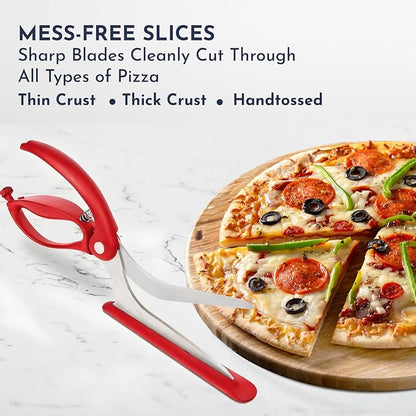 Red Pizza Scissors - Non-Stick Pizza Scissors with Firm Grip Base - Food Grade Stainless Steel Pizza Cutter - 5-in-1 Food Slicer & Pizza Server - Durable, Safe & Mess Free